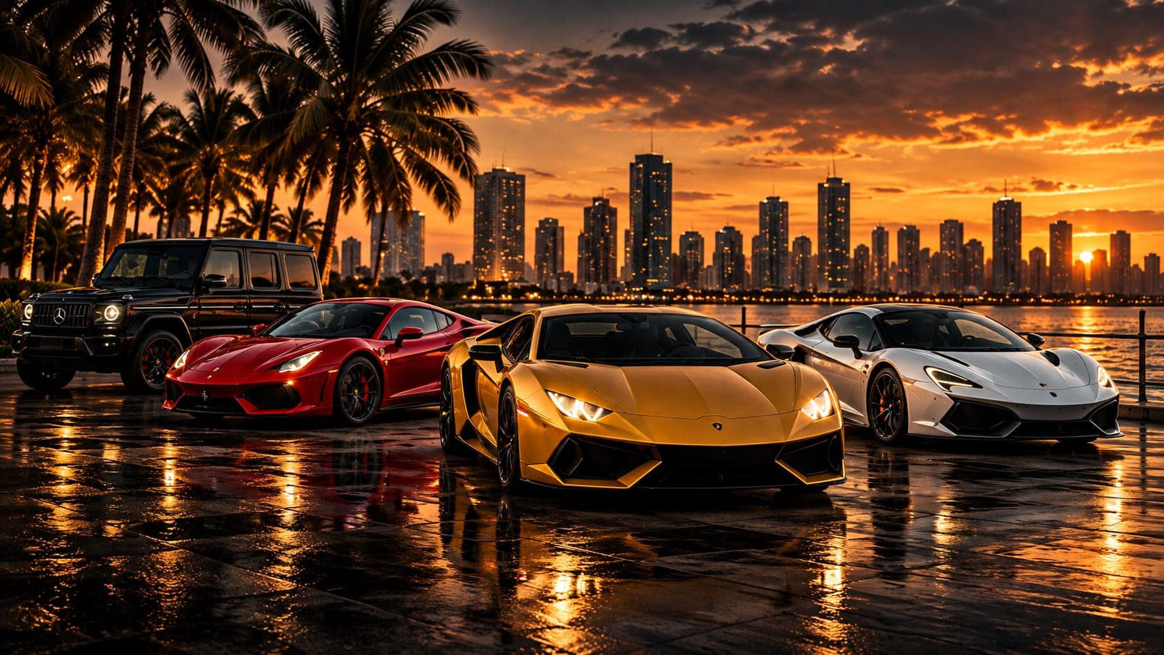 Luxury and exotic cars lined up on the waterfront at sunset