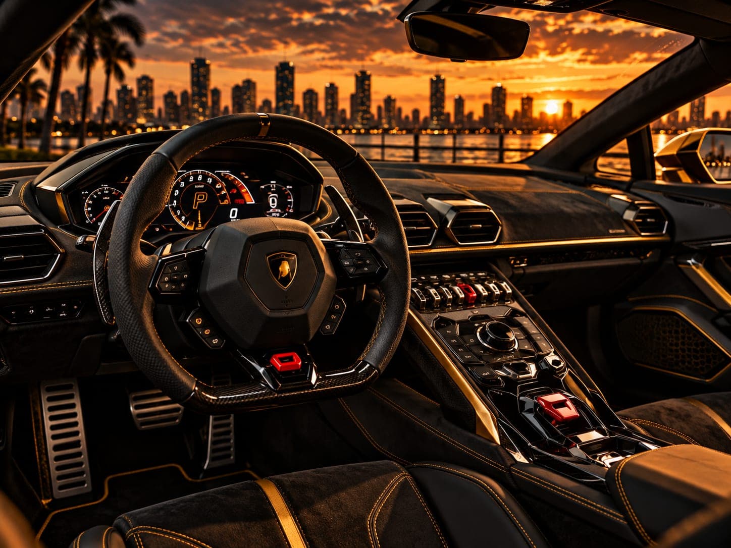 Sports car cockpit with a sunset skyline through the windshield